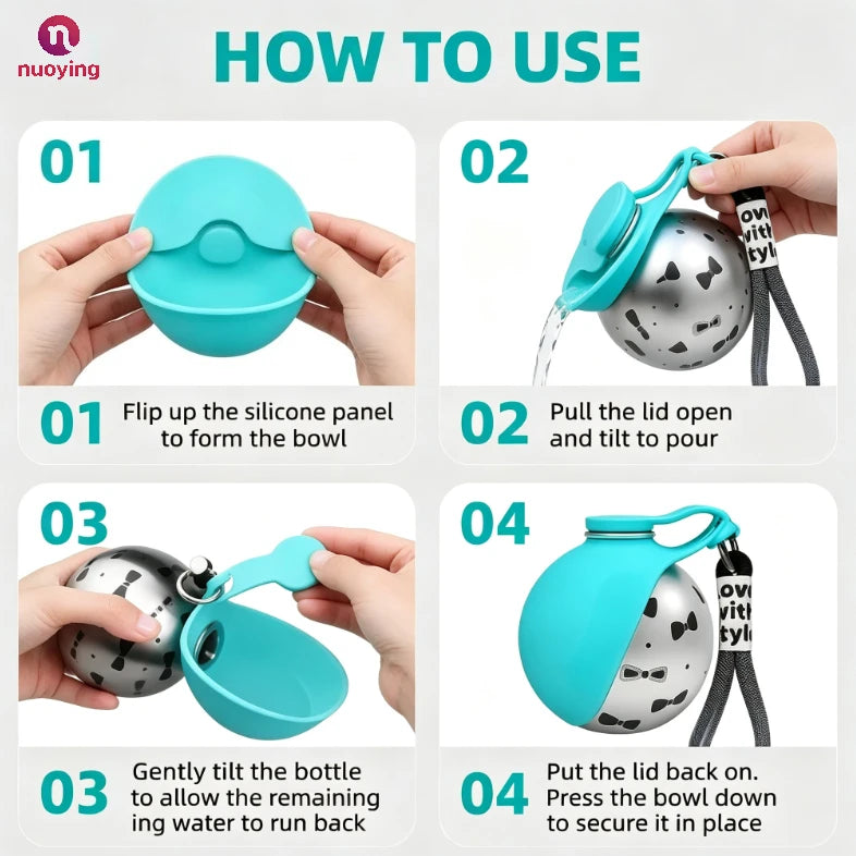 Leak-Proof 2-in-1 Dog Travel Water Bottle, Compact Portable Water Dispenser for Small Dogs, Stainless Steel Bottle With Silicone Nozzle